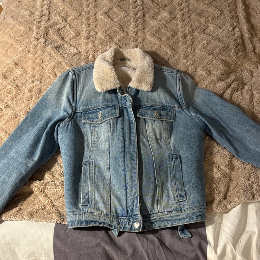 Stradivarius Blue Jean Jacket with Cream Collar